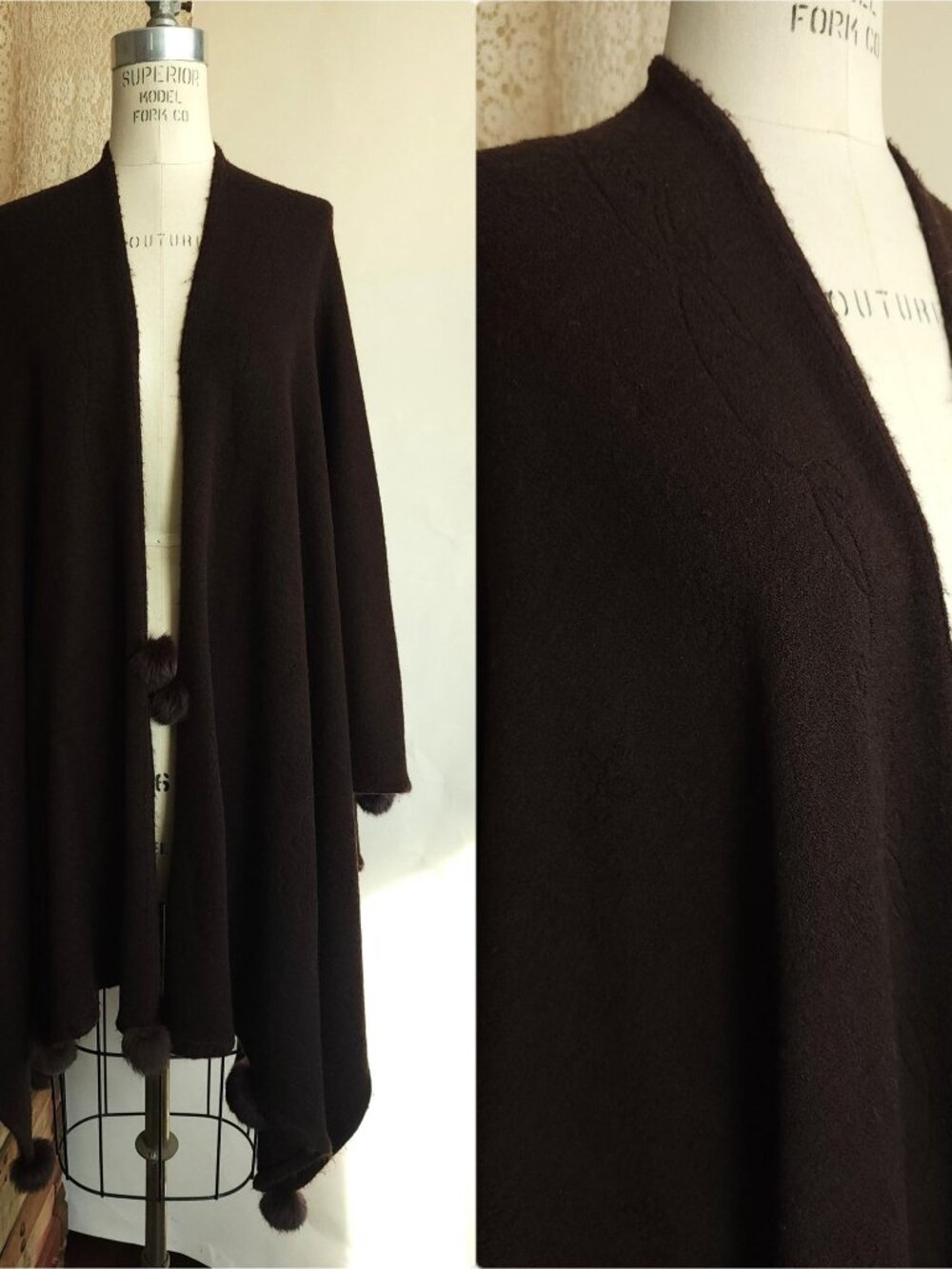Vintage 1980s Shawl, Dark Brown Wool Blend Cape or Ruana Wrap, Pom Pom Trim
